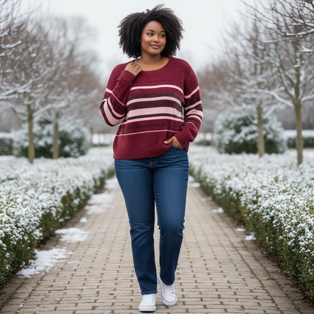 Maison Jules Women's Striped Chenille Pullover Sweater - Burgundy and Pink